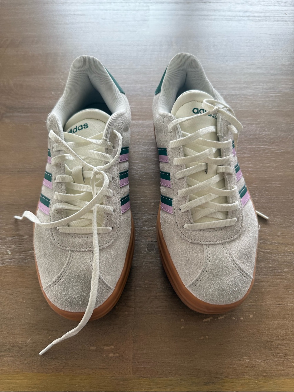 adidas Women's Suede Sneakers in Off-White with Pink & Green Stripes